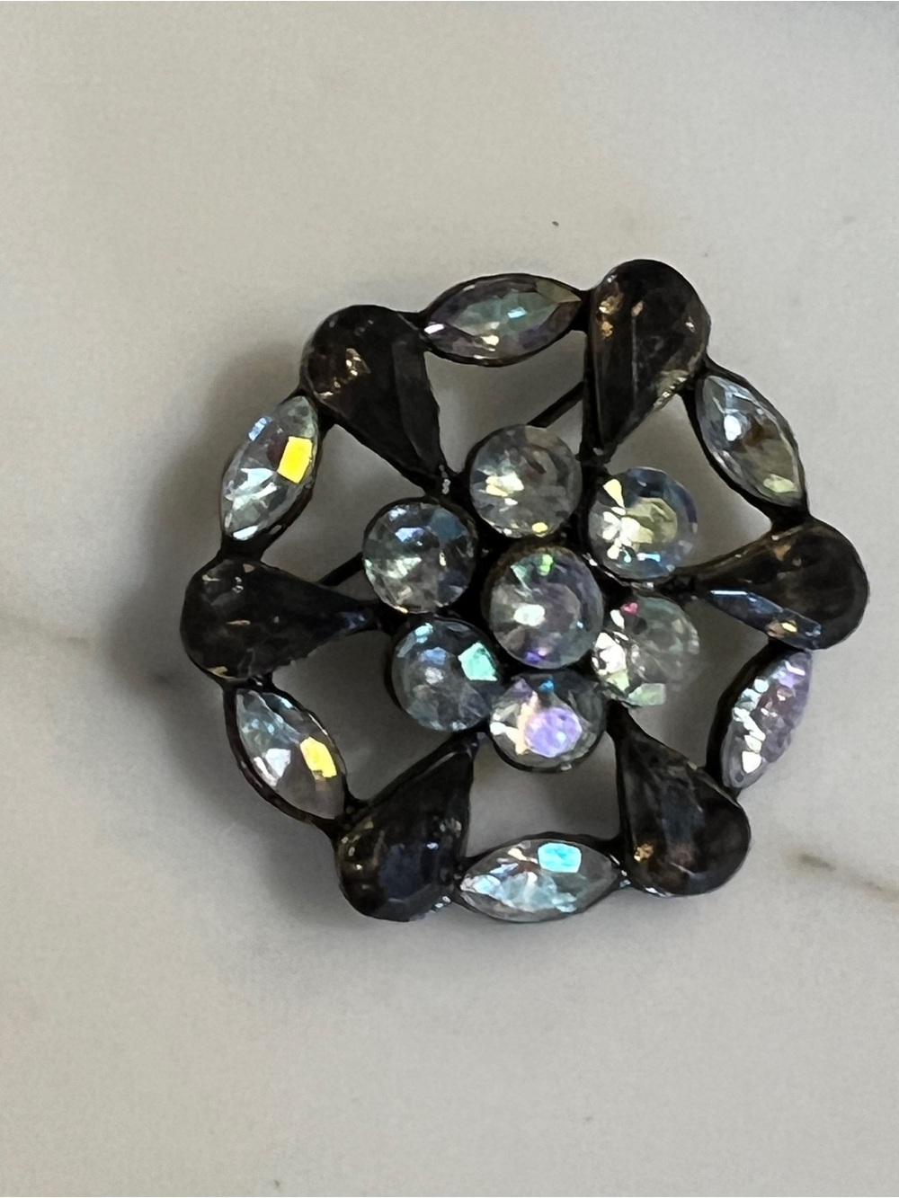 Vintage Crystal Teardrop Flower Cluster Brooch Smoke and Aurora Rhinestones - Picture 8 of 8